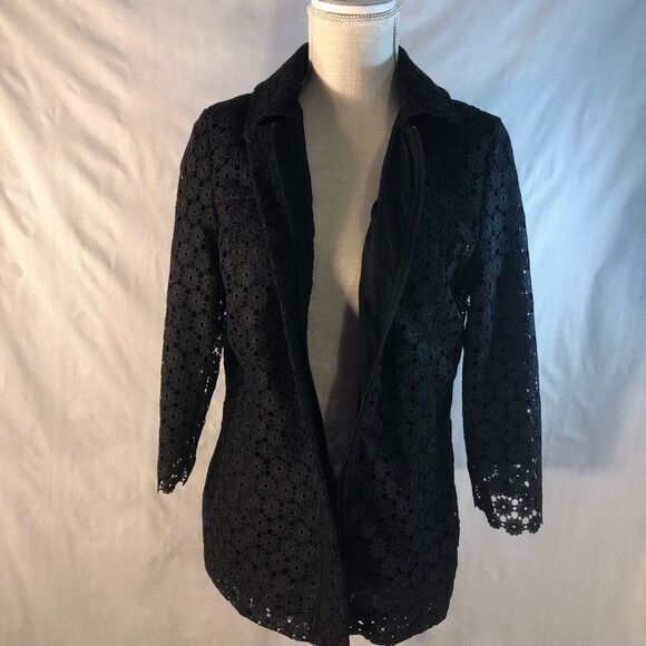 Doncaster Vintage Black Embroidered Lace Long Sleeve Zip Up Collared Jacket 8 - Picture 7 of 10
